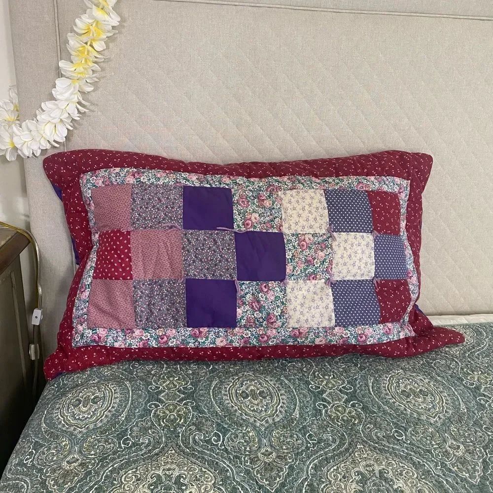 Patchwork Quilted Pillow Sham in Burgundy and Purple Patchwork cottagecore